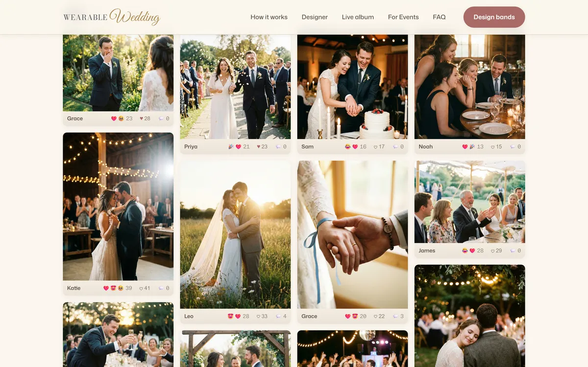 The shared wedding album — a grid of guest photos with reactions