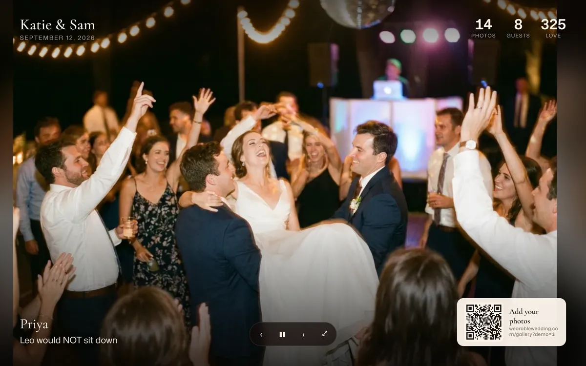 Reception Mode — guest photos on a big-screen live wall