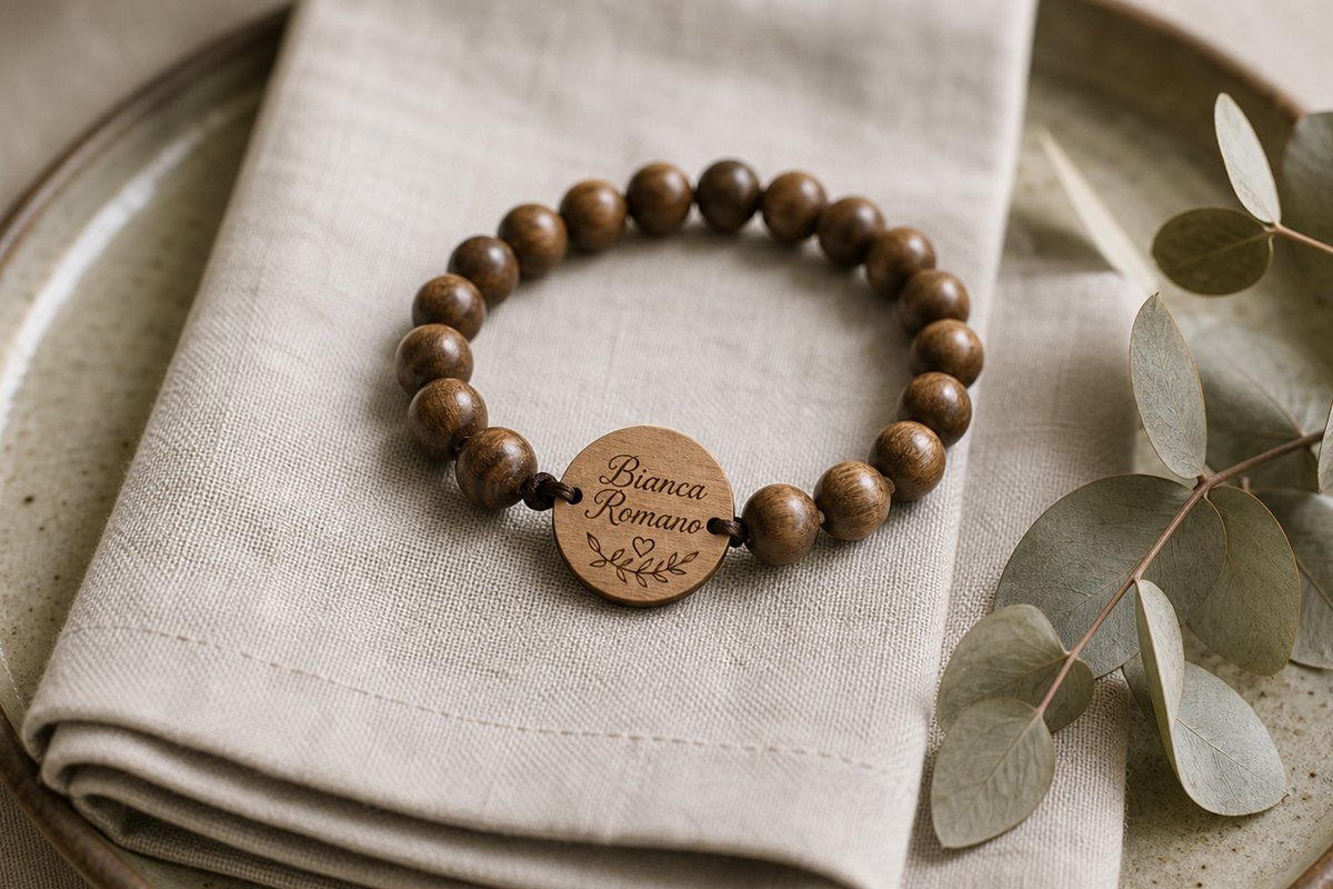 A personalized wearable wedding favor, a dark rosewood bead band with a round wooden tag engraved with the name Bianca Romano, resting on a folded linen napkin beside a eucalyptus sprig at a destination place setting