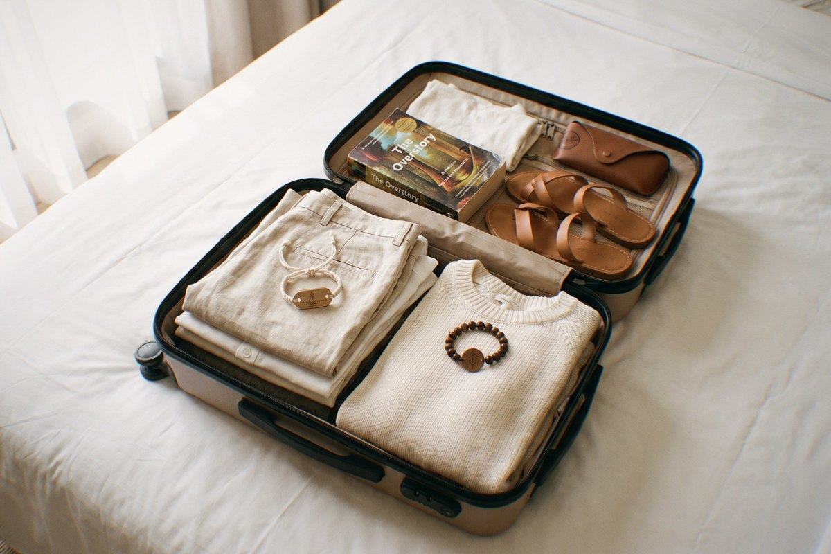 An open carry-on suitcase being packed on a hotel bed, with a beaded wristband and small sealed favors tucked between folded clothes