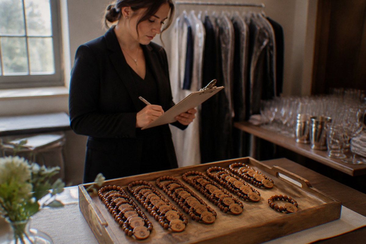 A wedding planner with a clipboard beside a wooden tray of beaded bracelets with engraved name tags laid out in rows during venue setup