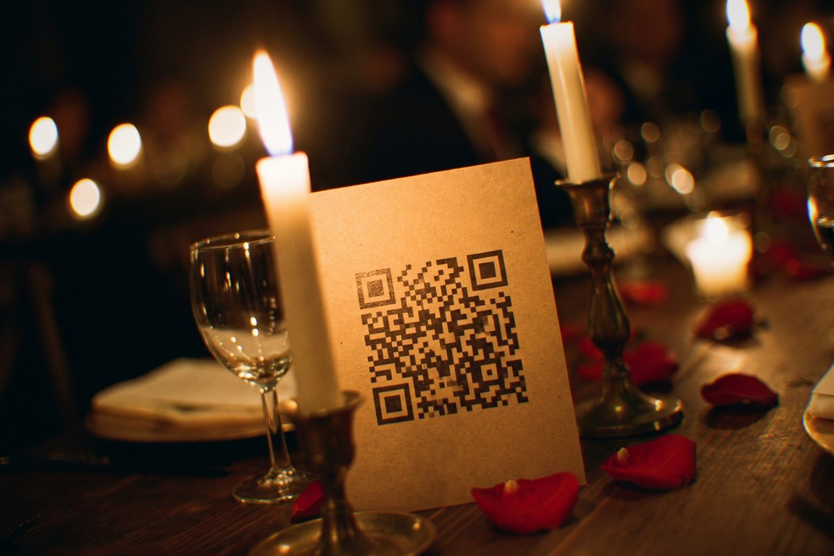 A printed QR code table card standing between candles at a dim wedding reception table