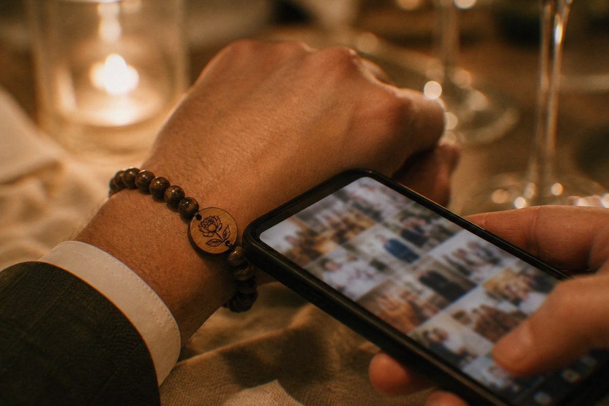 A guest’s wrist wearing a wooden bead bracelet with an engraved tag while their other hand holds a phone beside it at a candlelit reception table