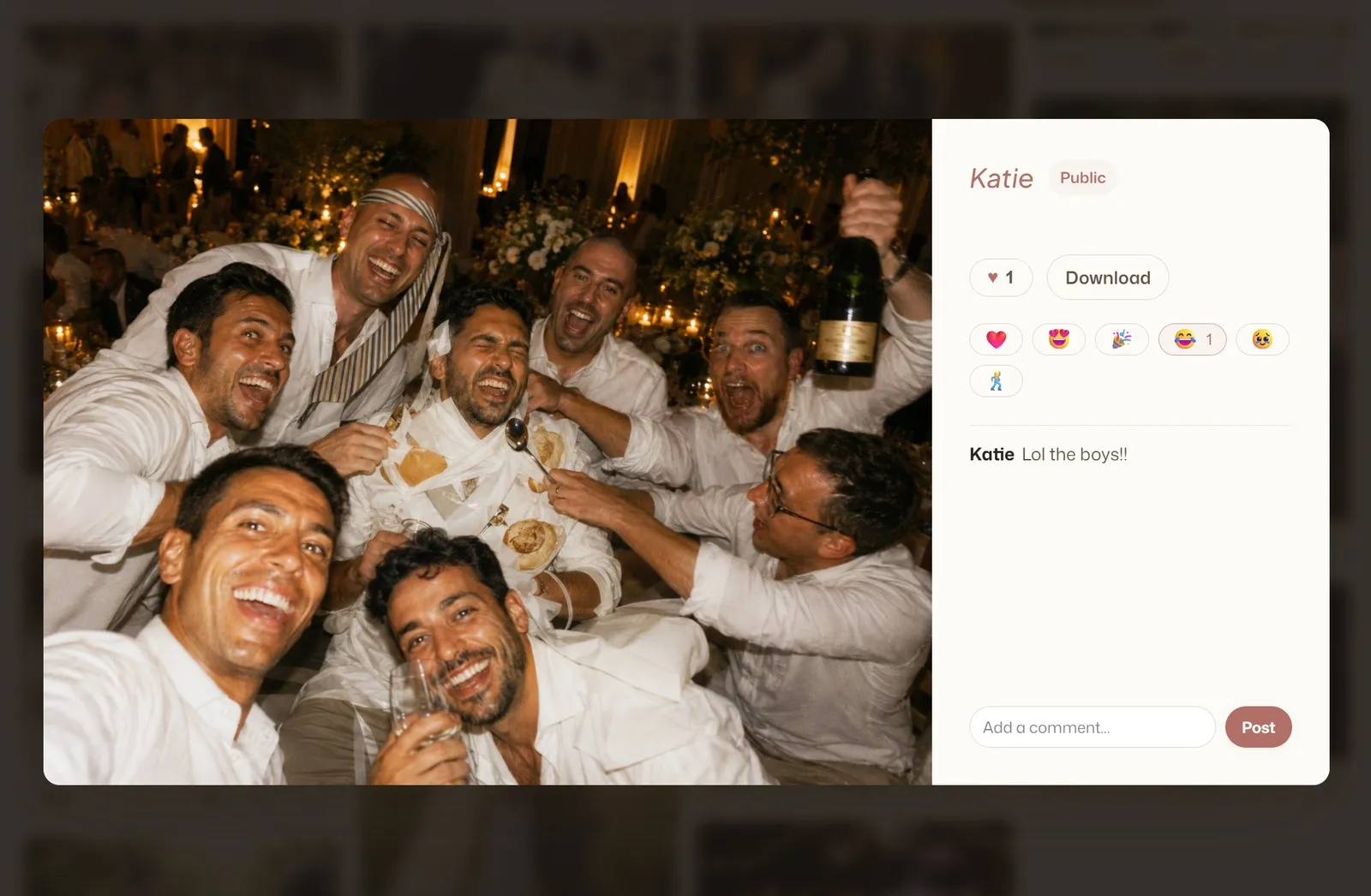 The shared WearableWedding album — a guest’s candid opened in the gallery with reactions and a comment.