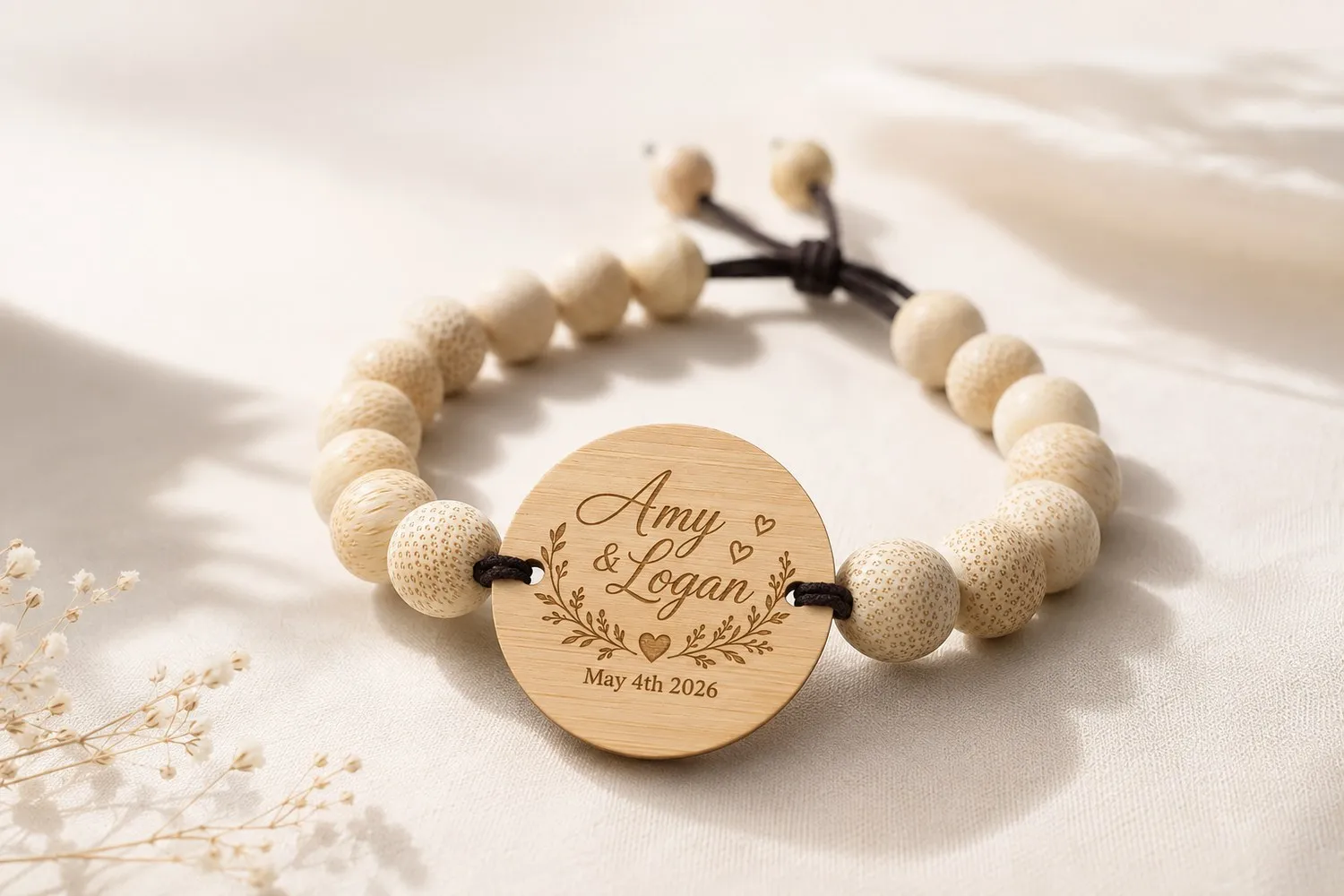 A bamboo-and-wood WearableWedding bracelet with an engraved “Amy & Logan” tag, resting on soft linen.