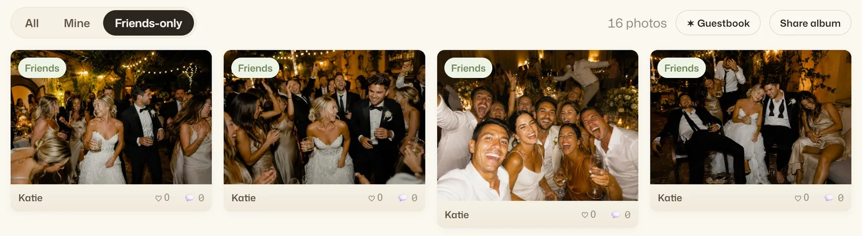 The shared album filtered to Friends-only — photos a guest chose to share with just their circle, each tagged Friends.