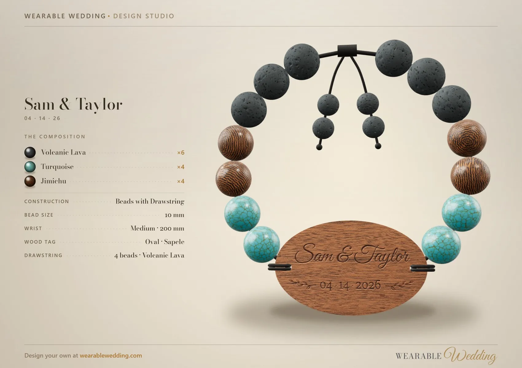 A finished WearableWedding design proof — the Sam & Taylor band with its bead composition, wood tag, engraving and sizing.
