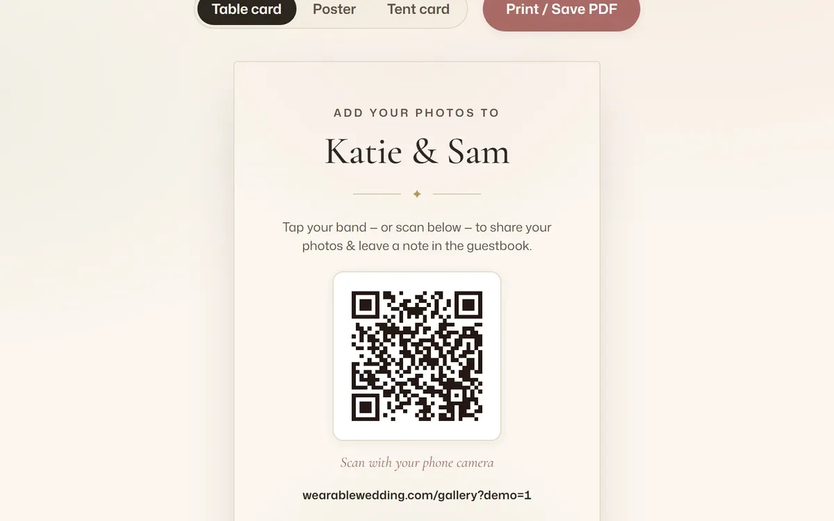 A printable table card guests tap or scan to add their photos to the album.